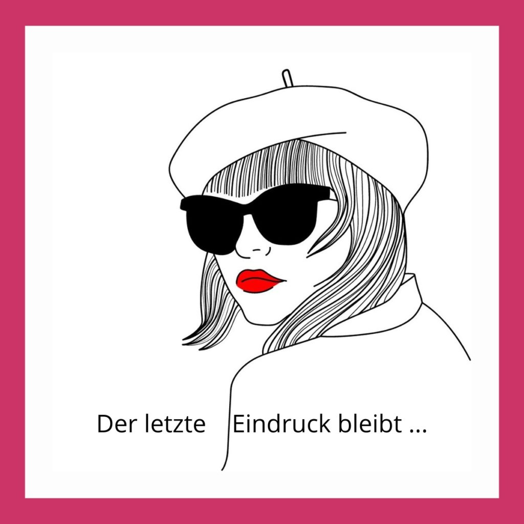 Der letzte Eindruck bleibt. Bleistiftskizze einer Frau mit schwarzer Sonnenbrille, rotem Mund und Baskenmütze.