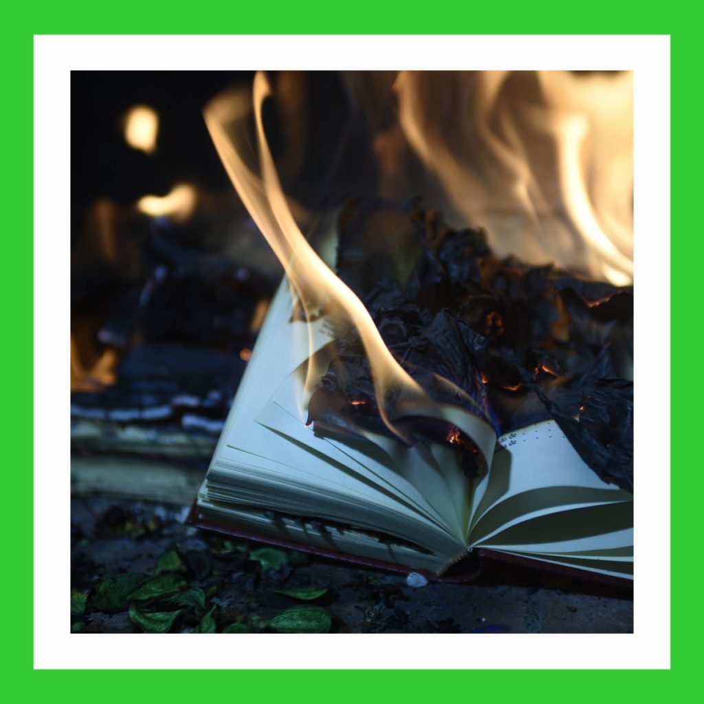Hände weg von Büchern. Ein Buch geht in Flammen auf.